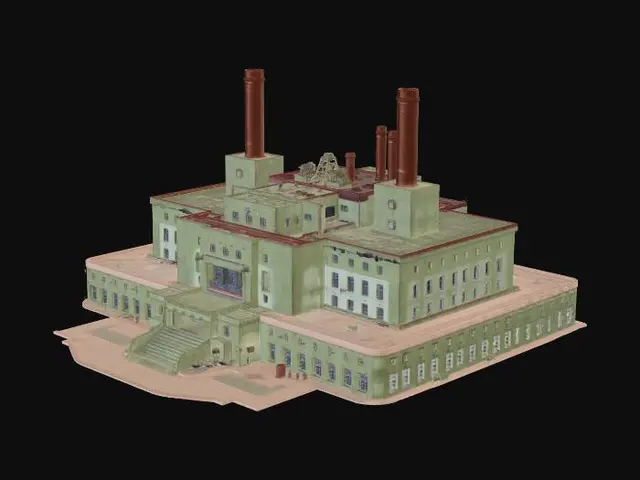 3D model for low poly brutalist military bunker command center, green brown colors, concrete reinforced, smokestacks, red star emblem, heavy industrial, soviet style fortress HQ, NO text, NO letters, NO writing, NO logos, clean surface, game ready