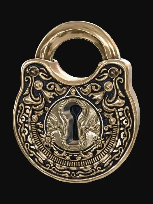 3D model for Ornate vintage brass padlock with keyhole, weathered metal, detailed engravings, realistic PBR