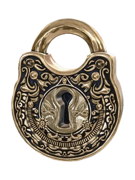 3D model for Ornate vintage brass padlock with keyhole, weathered metal, detailed engravings, realistic PBR