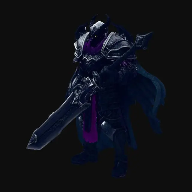 3D model for Full body humanoid dark emperor standing straight in A-pose, arms slightly away from body, legs shoulder width apart, facing forward, menacing ornate black and purple imperial armor with demonic rune engravings, eyepatch over right eye with glowing scar, massive corrupted greatsword with dark energy, flowing tattered cape, dark purple and crimson color scheme, medieval fantasy final boss villain, low-poly stylized game character, clear distinct limbs, symmetrical body, single character on plain background