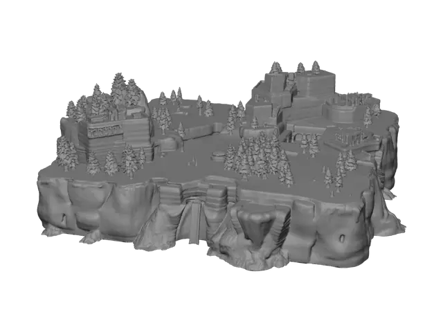 3D model for Create one complete 3D game island matching this reference image. Make it a broad, roughly square but naturally irregular rocky island with a flat, solid, empty central plateau for player-built roads and buildings. Add tall layered cliffs, sparse pine trees around the outer edges, two different military naval docks on opposite sides with wide staging platforms and ship berths, four waterfalls cut through the cliffs, two small beach coves, two tunnel entrances, reinforced coastal sections, and empty coastal defence platforms. Do not add permanent internal roads, buildings, bunkers, walls, weapons, vehicles, ships, logos, text, duplicate islands, alternate views, disconnected pieces, or floating objects. Generate one coherent semi-realistic PBR game asset, keeping terrain, cliffs, docks, wat