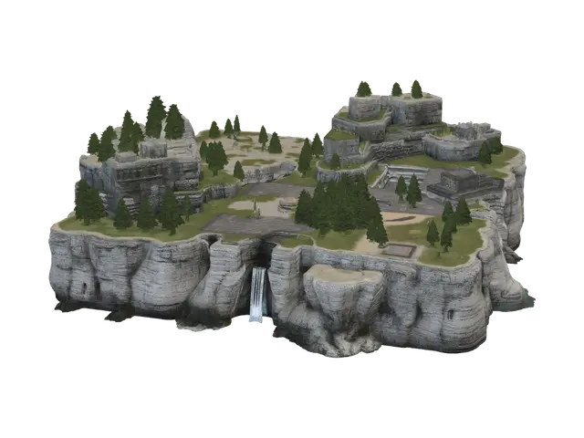 3D model for Create one complete 3D game island matching this reference image. Make it a broad, roughly square but naturally irregular rocky island with a flat, solid, empty central plateau for player-built roads and buildings. Add tall layered cliffs, sparse pine trees around the outer edges, two different military naval docks on opposite sides with wide staging platforms and ship berths, four waterfalls cut through the cliffs, two small beach coves, two tunnel entrances, reinforced coastal sections, and empty coastal defence platforms. Do not add permanent internal roads, buildings, bunkers, walls, weapons, vehicles, ships, logos, text, duplicate islands, alternate views, disconnected pieces, or floating objects. Generate one coherent semi-realistic PBR game asset, keeping terrain, cliffs, docks, wat