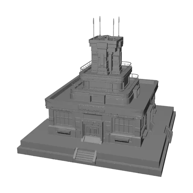 3D model for Game-ready Ironclad Horizon Level 1 headquarters. Match the reference: compact fortified command building, square footprint, central communications tower, layered gunmetal walls, reinforced corner sections, front entrance and stairs, blue illuminated windows, subtle gold trim. Full building visible from roof antenna to foundation, centred isometric view. Clean hard-surface geometry, PBR materials, mobile optimized. No text, card frame, roads, trees or background.