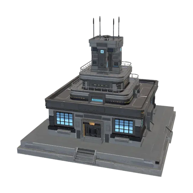 3D model for Game-ready Ironclad Horizon Level 1 headquarters. Match the reference: compact fortified command building, square footprint, central communications tower, layered gunmetal walls, reinforced corner sections, front entrance and stairs, blue illuminated windows, subtle gold trim. Full building visible from roof antenna to foundation, centred isometric view. Clean hard-surface geometry, PBR materials, mobile optimized. No text, card frame, roads, trees or background.
