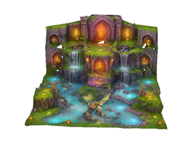 "Create a magical fantasy baseplate with vibrant terrain. Include walls adorned… 3D model, vytvořený pomocí AI