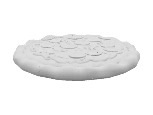 3D model for A delicious pizza with melted cheese, pepperoni, and crisp crust, designed in a vibrant, highly polished 3D Disney-Pixar character style, rounded features, expressive cartoon charm, clear background style