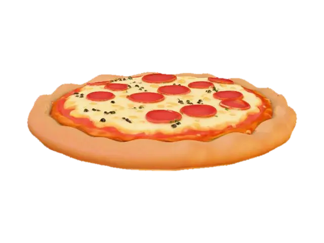 3D model for A delicious pizza with melted cheese, pepperoni, and crisp crust, designed in a vibrant, highly polished 3D Disney-Pixar character style, rounded features, expressive cartoon charm, clear background style