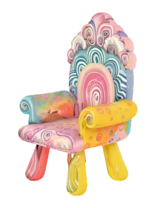 An artistic, hand-painted chair with a whimsical and dreamlike design. The… - Imaginative 3D model, vytvořený pomocí AI
