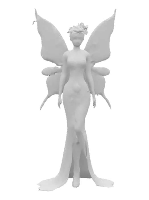 3D model for A stunning fantasy figure adorned in an elaborate, jewel-encrusted outfit with intricate butterfly wings. The wings are primarily pink and purple, decorated with delicate patterns and embellishments that add a magical touch. The corset-like bodice is richly detailed with floral designs and sparkling gems, while the arms and flowing skirt seamlessly continue the ornate aesthetic. The figure's head is crowned with flowers and jewels, enhancing its ethereal and fairy-like presence. The overall composition is mesmerizing, evoking a sense of wonder and enchantment.