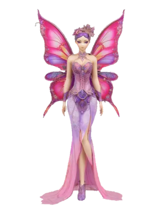 3D model for A stunning fantasy figure adorned in an elaborate, jewel-encrusted outfit with intricate butterfly wings. The wings are primarily pink and purple, decorated with delicate patterns and embellishments that add a magical touch. The corset-like bodice is richly detailed with floral designs and sparkling gems, while the arms and flowing skirt seamlessly continue the ornate aesthetic. The figure's head is crowned with flowers and jewels, enhancing its ethereal and fairy-like presence. The overall composition is mesmerizing, evoking a sense of wonder and enchantment.