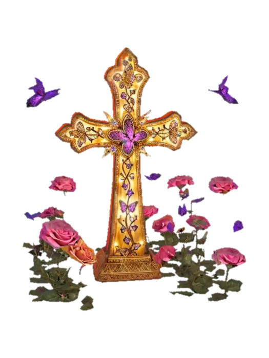 The object is a luminous, ornate cross adorned with intricate patterns and set… - Butterflies 3D model, vytvořený pomocí AI