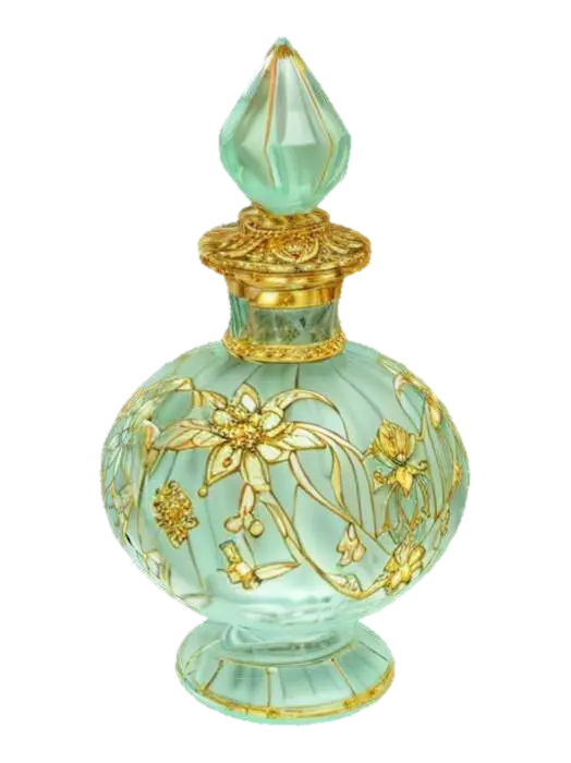 { "Object": "Ornate vintage perfume bottle with floral engravings and a gemstone… 3D model, vytvořený pomocí AI