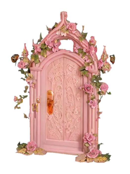 { "Object": "Ornate pink fairy door with floral frame and fluttering… - Butterflies 3D model, vytvořený pomocí AI