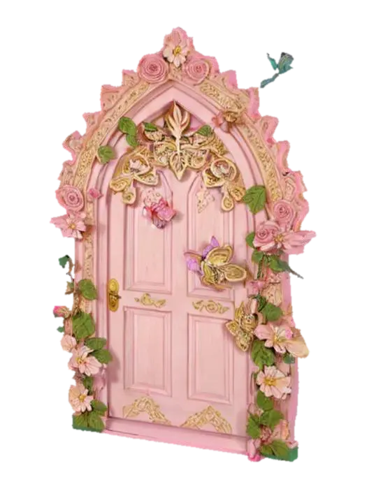 { "Object": "Ornate pink fairy door with floral frame and fluttering… - Butterflies 3D model, vytvořený pomocí AI