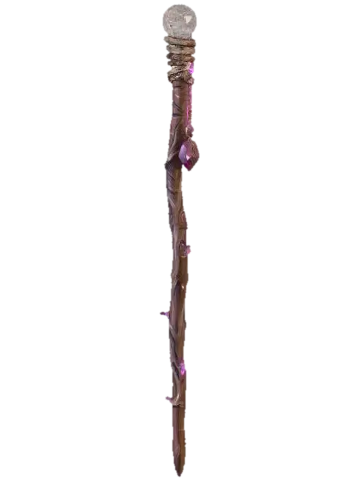 3D model for Create a detailed 3D model of a magical wand designed for a young spellcaster. The wand should be slender and slightly twisted, made of enchanted wood like elder or willow. Add glowing runes etched along the shaft, and a gemstone tip — options like amethyst, ruby, or moonstone. Include subtle spark effects or magical aura swirling around it. The handle should be wrapped in velvet or dragonhide, with a charm or tassel dangling from the base. The design should feel mystical, elegant, and ready to cast powerful spells.