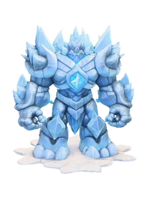3D model for  Frozen Guardian (Boss or Mini-Boss)
“Towering ice guardian statue that animates when triggered, humanoid shape made of crystalized ice and ancient armor shards, glowing core in chest, cracks glowing faint blue, stylized for fantasy Roblox combat”

