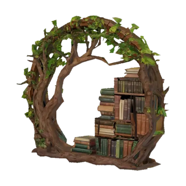 { "Object": "Arched bookshelf with a tree growing through the shelves and books… 3D model, vytvořený pomocí AI