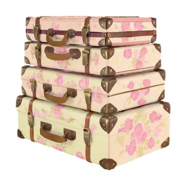{ "Object": "Stack of vintage suitcases decorated with floral fabric and leather… - Suitcase 3D model, vytvořený pomocí AI