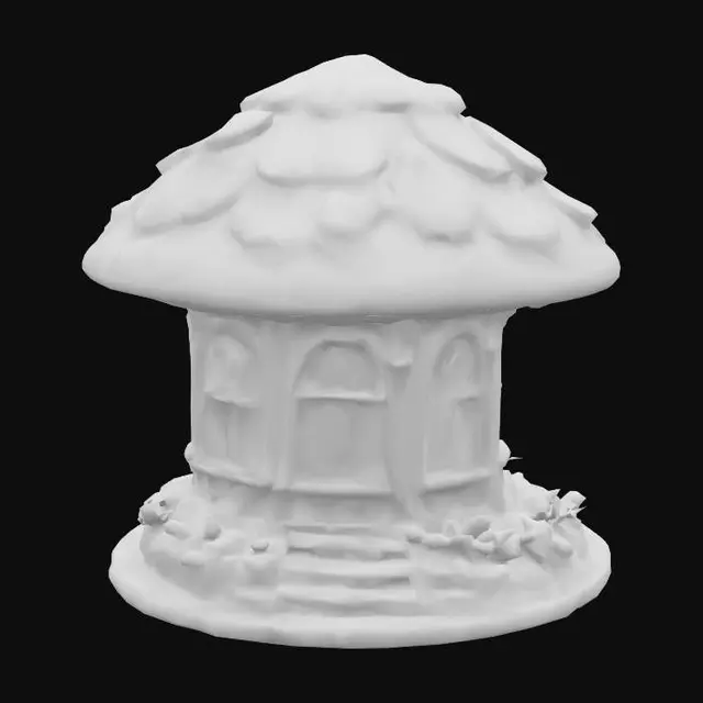 3D model for Fantasy mushroom-shaped gazebo with stained glass floral windows, carved stone base, botanical relief details, sculpted wooden roof, hand-painted textures, ultra-realistic, polished, game asset, highly detailed, stylized storybook architecture.