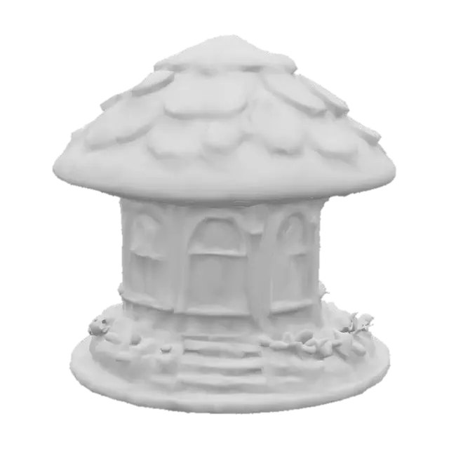 3D model for Fantasy mushroom-shaped gazebo with stained glass floral windows, carved stone base, botanical relief details, sculpted wooden roof, hand-painted textures, ultra-realistic, polished, game asset, highly detailed, stylized storybook architecture.