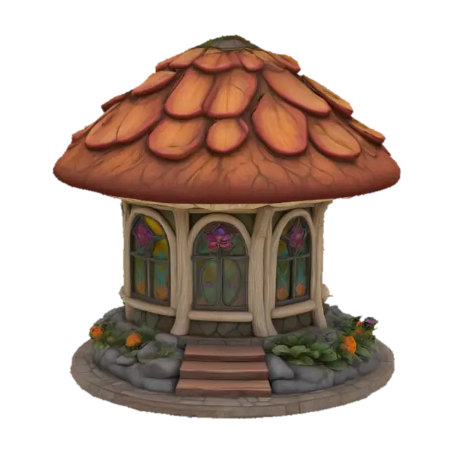 3D model for Fantasy mushroom-shaped gazebo with stained glass floral windows, carved stone base, botanical relief details, sculpted wooden roof, hand-painted textures, ultra-realistic, polished, game asset, highly detailed, stylized storybook architecture.