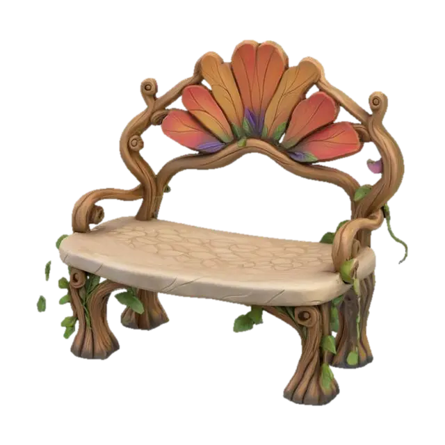 Curved fairy garden bench made from twisted wood and carved stone, flower petal… - Storybook 3D model, vytvořený pomocí AI