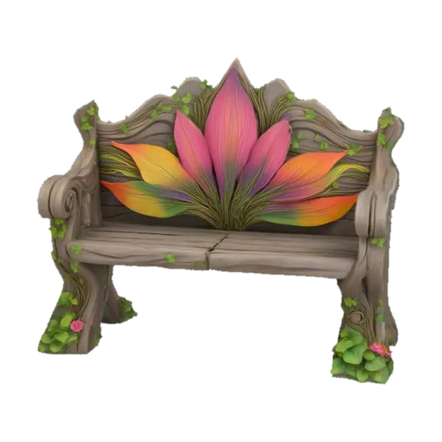 Curved fairy garden bench made from twisted wood and carved stone, flower petal… - Storybook 3D model, vytvořený pomocí AI