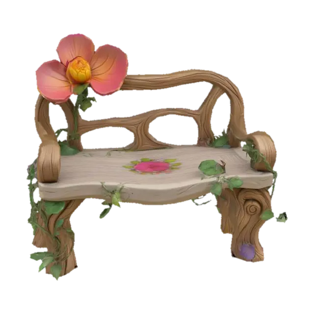Curved fairy garden bench made from twisted wood and carved stone, flower petal… - Storybook 3D model, vytvořený pomocí AI