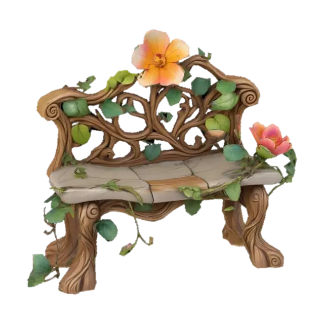 Curved fairy garden bench made from twisted wood and carved stone, flower petal… - Storybook 3D model, vytvořený pomocí AI