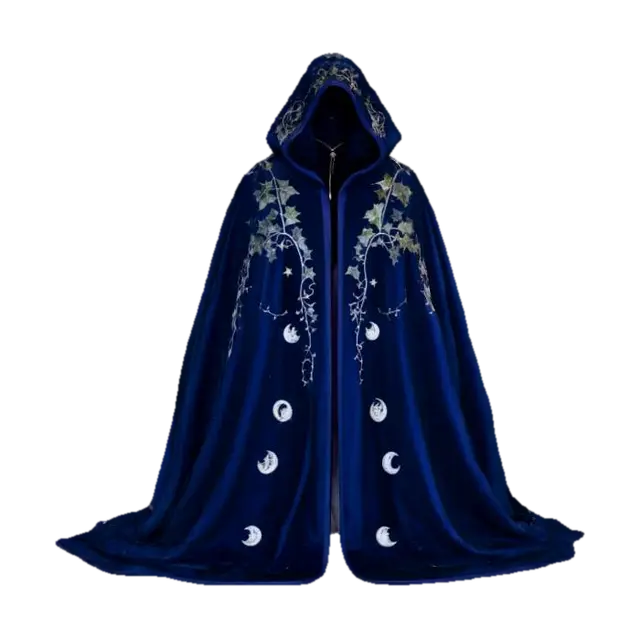Midnight blue velvet cloak with silver embroidery of crescent moons and ivy vines 3D model, vytvořený pomocí AI