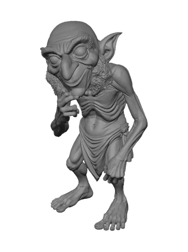 3D model for A highly detailed illustration of an elderly, gaunt one-of-a-kind gray color palette goblin with extremely wrinkled skin and a long, creepy happy face. The goblin has a toothless mouth, large bulging eyes, and a prominent round nose. It is bald, has dark bushy mutton chops, bushy eyebrows and is minimally clothed. The character is in thinking pose.