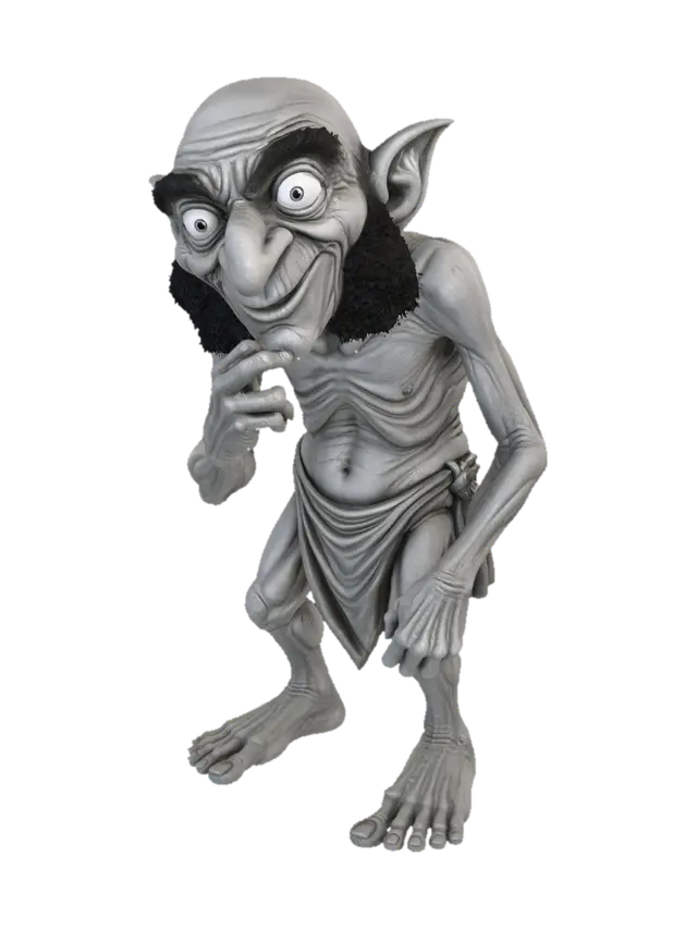 3D model for A highly detailed illustration of an elderly, gaunt one-of-a-kind gray color palette goblin with extremely wrinkled skin and a long, creepy happy face. The goblin has a toothless mouth, large bulging eyes, and a prominent round nose. It is bald, has dark bushy mutton chops, bushy eyebrows and is minimally clothed. The character is in thinking pose.