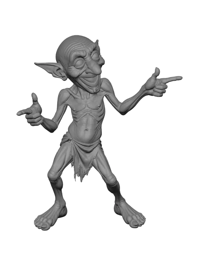 3D model for A highly detailed, full-body illustration of a unique elderly goblin with a green color palette. The creature has an extremely gaunt physique, deeply wrinkled skin, and an elongated, exaggerated face with a playful yet mischievous expression. Its facial features include a completely toothless grin, oversized bulging eyes, and a large rounded nose. The goblin is completely bald with prominent pointed ears and is dressed in only simple, tattered cloth around the waist. It is posed in a Elvis pose. The pose should be balanced and natural. Render with ultra-high detail, realistic skin texture.
