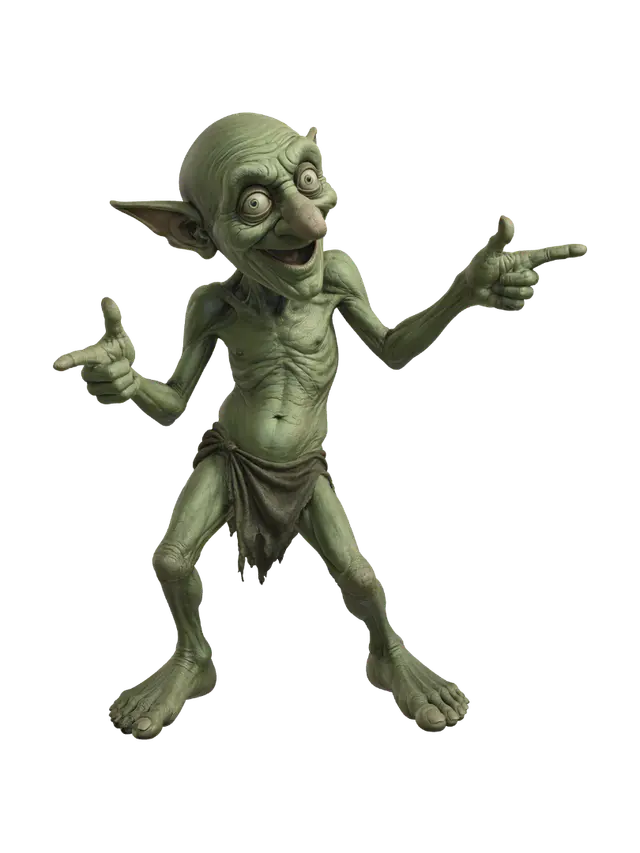 3D model for A highly detailed, full-body illustration of a unique elderly goblin with a green color palette. The creature has an extremely gaunt physique, deeply wrinkled skin, and an elongated, exaggerated face with a playful yet mischievous expression. Its facial features include a completely toothless grin, oversized bulging eyes, and a large rounded nose. The goblin is completely bald with prominent pointed ears and is dressed in only simple, tattered cloth around the waist. It is posed in a Elvis pose. The pose should be balanced and natural. Render with ultra-high detail, realistic skin texture.