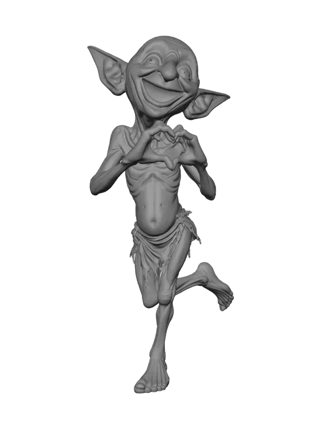 3D model for A highly detailed, full-body illustration of a unique elderly goblin with a green color palette. The creature has an extremely gaunt physique, deeply wrinkled skin, and an elongated, exaggerated face with a playful yet mischievous expression with missing teeth. Its facial features include a completely toothless grin, oversized bulging eyes, and a large rounded nose. The goblin is completely bald with prominent pointed ears and is dressed in only simple, tattered cloth around the waist. It is posed in a valentine love pose. The pose should be balanced and natural. Render with ultra-high detail, realistic skin texture.