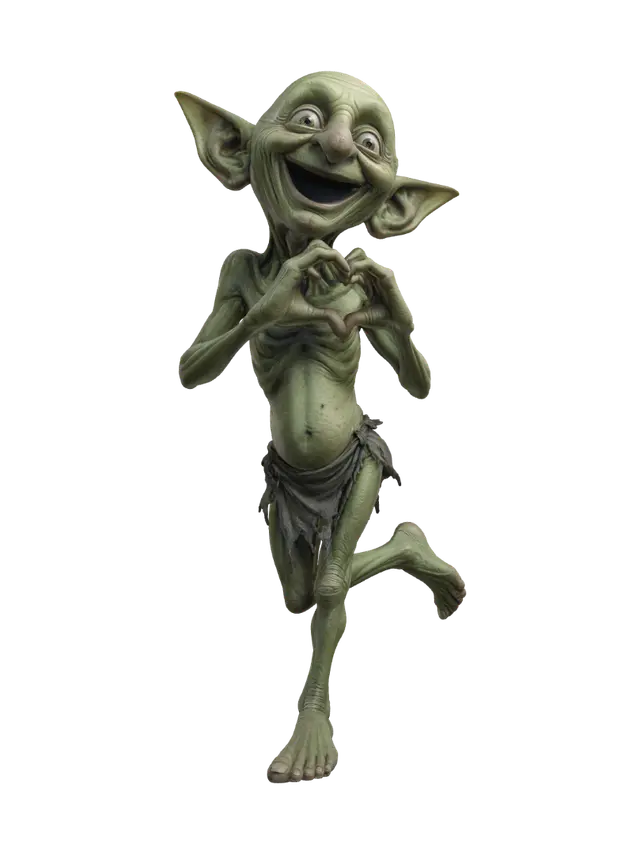 3D model for A highly detailed, full-body illustration of a unique elderly goblin with a green color palette. The creature has an extremely gaunt physique, deeply wrinkled skin, and an elongated, exaggerated face with a playful yet mischievous expression with missing teeth. Its facial features include a completely toothless grin, oversized bulging eyes, and a large rounded nose. The goblin is completely bald with prominent pointed ears and is dressed in only simple, tattered cloth around the waist. It is posed in a valentine love pose. The pose should be balanced and natural. Render with ultra-high detail, realistic skin texture.