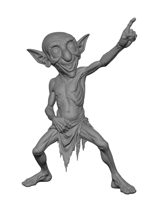 3D model for A highly detailed, full-body illustration of a unique elderly goblin with a green color palette. The creature has an extremely gaunt physique, deeply wrinkled skin, and an elongated, exaggerated face with a playful yet mischievous expression. Its facial features include a completely toothless grin, oversized bulging eyes, and a large rounded nose. The goblin is completely bald with prominent pointed ears and is dressed in only simple, tattered cloth around the waist. It is posed in a Elvis pose. The pose should be balanced and natural. Render with ultra-high detail, realistic skin texture.