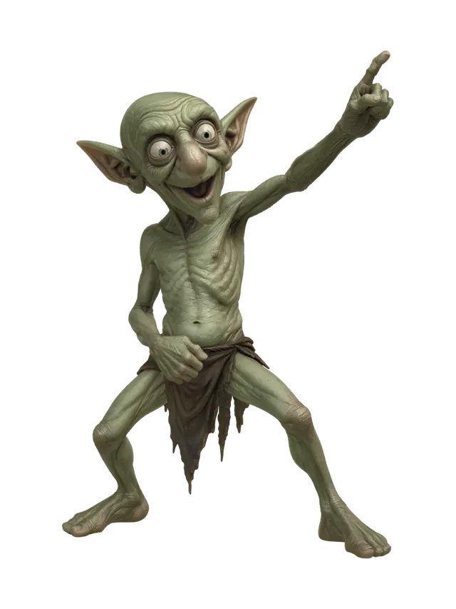 3D model for A highly detailed, full-body illustration of a unique elderly goblin with a green color palette. The creature has an extremely gaunt physique, deeply wrinkled skin, and an elongated, exaggerated face with a playful yet mischievous expression. Its facial features include a completely toothless grin, oversized bulging eyes, and a large rounded nose. The goblin is completely bald with prominent pointed ears and is dressed in only simple, tattered cloth around the waist. It is posed in a Elvis pose. The pose should be balanced and natural. Render with ultra-high detail, realistic skin texture.