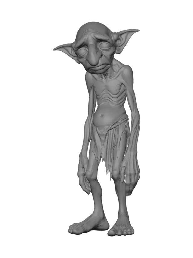 3D model for A highly detailed, full-body illustration of a unique elderly goblin with a muted green color palette. The creature has an extremely gaunt physique, deeply wrinkled skin, and an elongated, exaggerated face with a sorrow yet mischievous expression. Its facial features include oversized bulging eyes, and a large rounded nose. The goblin is completely bald with prominent pointed ears and is dressed in only simple, tattered cloth around the waist. It is posed in a depressive stance. The pose should be balanced and natural. Render with ultra-high detail, realistic skin texture.