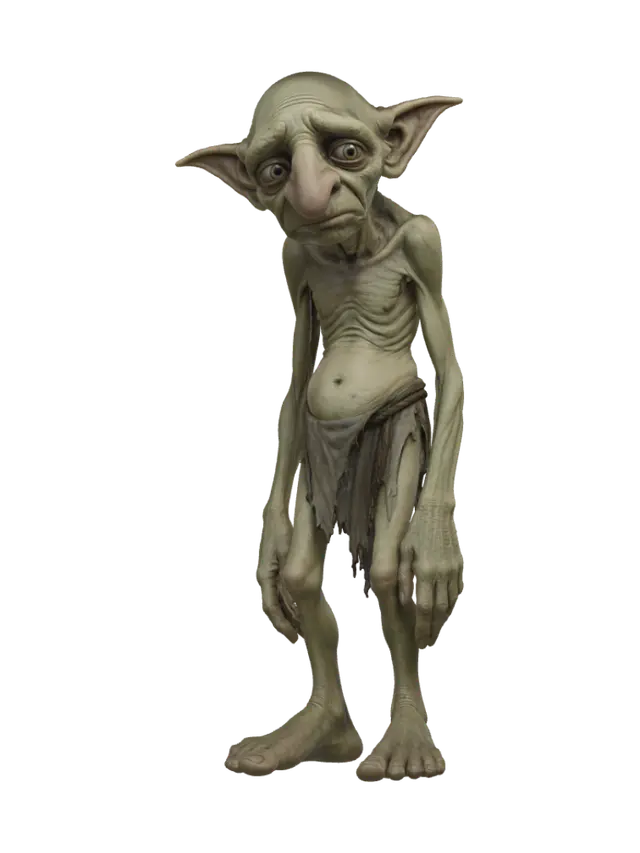 3D model for A highly detailed, full-body illustration of a unique elderly goblin with a muted green color palette. The creature has an extremely gaunt physique, deeply wrinkled skin, and an elongated, exaggerated face with a sorrow yet mischievous expression. Its facial features include oversized bulging eyes, and a large rounded nose. The goblin is completely bald with prominent pointed ears and is dressed in only simple, tattered cloth around the waist. It is posed in a depressive stance. The pose should be balanced and natural. Render with ultra-high detail, realistic skin texture.