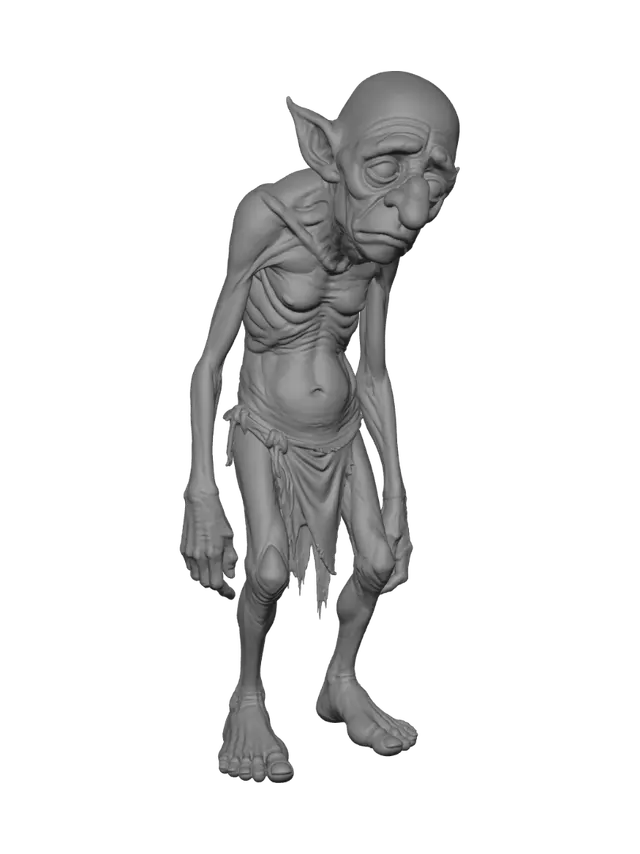 3D model for A highly detailed, full-body illustration of a unique elderly goblin with a muted green color palette. The creature has an extremely gaunt physique, deeply wrinkled skin, and an elongated, exaggerated face with a sorrow yet mischievous expression. Its facial features include oversized bulging eyes, and a large rounded nose. The goblin is completely bald with prominent pointed ears and is dressed in only simple, tattered cloth around the waist. It is posed in a depressive stance. The pose should be balanced and natural. Render with ultra-high detail, realistic skin texture.