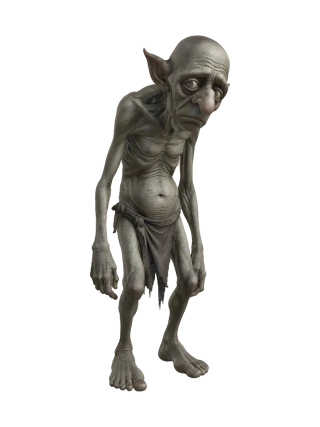3D model for A highly detailed, full-body illustration of a unique elderly goblin with a muted green color palette. The creature has an extremely gaunt physique, deeply wrinkled skin, and an elongated, exaggerated face with a sorrow yet mischievous expression. Its facial features include oversized bulging eyes, and a large rounded nose. The goblin is completely bald with prominent pointed ears and is dressed in only simple, tattered cloth around the waist. It is posed in a depressive stance. The pose should be balanced and natural. Render with ultra-high detail, realistic skin texture.