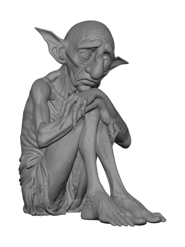3D model for A highly detailed, full-body illustration of a unique elderly goblin with a muted green color palette. The creature has an extremely gaunt physique, deeply wrinkled skin, and an elongated, exaggerated face with a sorrow yet mischievous expression. Its facial features include oversized bulging eyes, and a large rounded nose. The goblin is completely bald with prominent pointed ears and is dressed in only simple, tattered cloth around the waist. It is posed in a very sad depressive pose. The pose should be balanced and natural. Render with ultra-high detail, realistic skin texture.