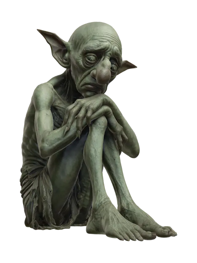 3D model for A highly detailed, full-body illustration of a unique elderly goblin with a muted green color palette. The creature has an extremely gaunt physique, deeply wrinkled skin, and an elongated, exaggerated face with a sorrow yet mischievous expression. Its facial features include oversized bulging eyes, and a large rounded nose. The goblin is completely bald with prominent pointed ears and is dressed in only simple, tattered cloth around the waist. It is posed in a very sad depressive pose. The pose should be balanced and natural. Render with ultra-high detail, realistic skin texture.