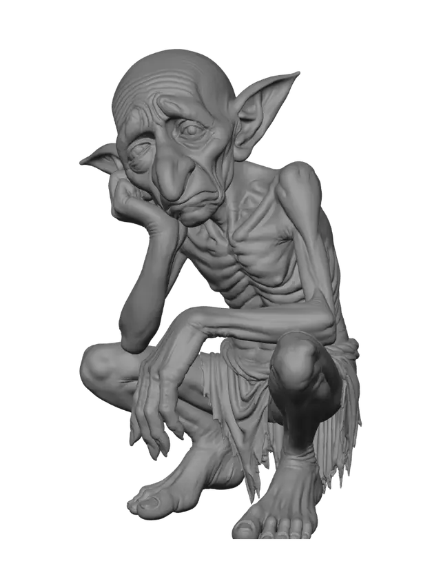 3D model for A highly detailed, full-body illustration of a unique elderly goblin with a muted green color palette. The creature has an extremely gaunt physique, deeply wrinkled skin, and an elongated, exaggerated face with a sorrow yet mischievous expression. Its facial features include oversized bulging eyes, and a large rounded nose. The goblin is completely bald with prominent pointed ears and is dressed in only simple, tattered cloth around the waist. It is posed in a very sad depressive pose. The pose should be balanced and natural. Render with ultra-high detail, realistic skin texture.