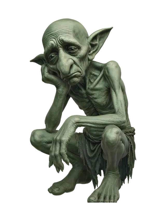 3D model for A highly detailed, full-body illustration of a unique elderly goblin with a muted green color palette. The creature has an extremely gaunt physique, deeply wrinkled skin, and an elongated, exaggerated face with a sorrow yet mischievous expression. Its facial features include oversized bulging eyes, and a large rounded nose. The goblin is completely bald with prominent pointed ears and is dressed in only simple, tattered cloth around the waist. It is posed in a very sad depressive pose. The pose should be balanced and natural. Render with ultra-high detail, realistic skin texture.