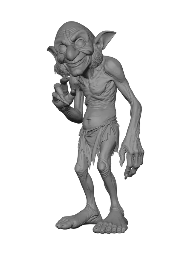 3D model for A highly detailed, full-body illustration of a unique elderly goblin with a muted green color palette. The creature has an extremely gaunt physique, deeply wrinkled skin, and an elongated, exaggerated face with a mischievous expression. Its facial features include oversized bulging eyes, large side burns and a large rounded nose. The goblin is completely bald with prominent pointed ears and is dressed in only simple, tattered cloth around the waist. It is posed in a very mischievous creppy pose. The pose should be balanced and natural. Render with ultra-high detail, realistic skin texture.