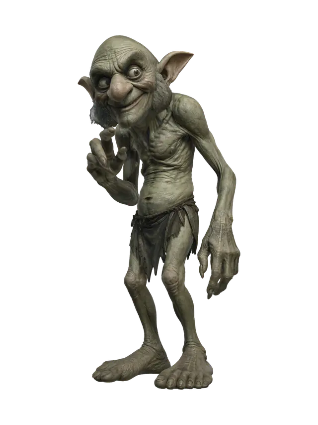 3D model for A highly detailed, full-body illustration of a unique elderly goblin with a muted green color palette. The creature has an extremely gaunt physique, deeply wrinkled skin, and an elongated, exaggerated face with a mischievous expression. Its facial features include oversized bulging eyes, large side burns and a large rounded nose. The goblin is completely bald with prominent pointed ears and is dressed in only simple, tattered cloth around the waist. It is posed in a very mischievous creppy pose. The pose should be balanced and natural. Render with ultra-high detail, realistic skin texture.