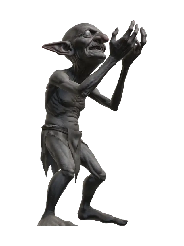 3D model for A highly detailed, full-body illustration of a unique elderly goblin with a muted gray color palette. The creature has an extremely gaunt physique, deeply wrinkled skin, and an elongated, exaggerated face with a mischievous expression. Its facial features include oversized bulging white eyes, missing yellow rotten teeth and a oversized rounded nose. The goblin is completely bald with prominent pointed ears and is dressed in only simple, tattered cloth around the waist. It is posed in a praying Posture with his arms reaching for the sky in anger. The pose should be balanced and natural. Render with ultra-high detail, realistic skin texture on a white background.