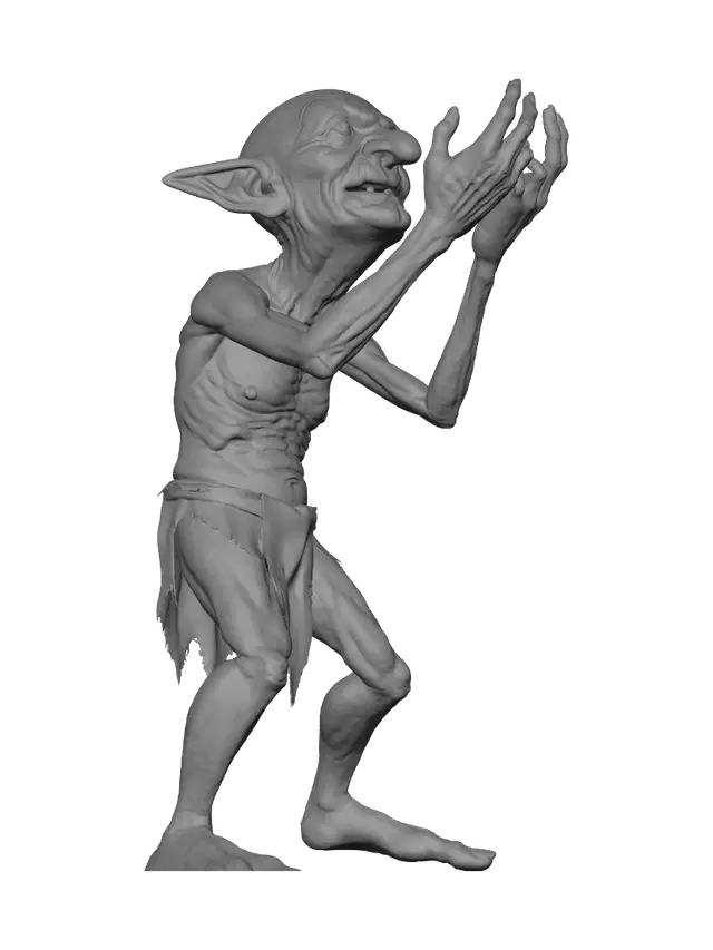 3D model for A highly detailed, full-body illustration of a unique elderly goblin with a muted gray color palette. The creature has an extremely gaunt physique, deeply wrinkled skin, and an elongated, exaggerated face with a mischievous expression. Its facial features include oversized bulging white eyes, missing yellow rotten teeth and a oversized rounded nose. The goblin is completely bald with prominent pointed ears and is dressed in only simple, tattered cloth around the waist. It is posed in a praying Posture with his arms reaching for the sky in anger. The pose should be balanced and natural. Render with ultra-high detail, realistic skin texture on a white background.